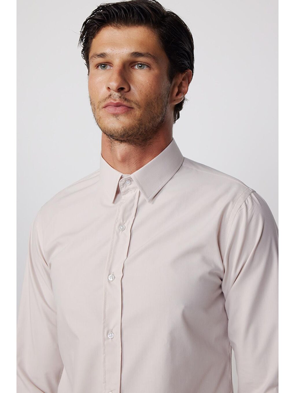 Bej Slim Fit Pamuklu Kolay Ütü Taş Rengi Erkek Gömlek