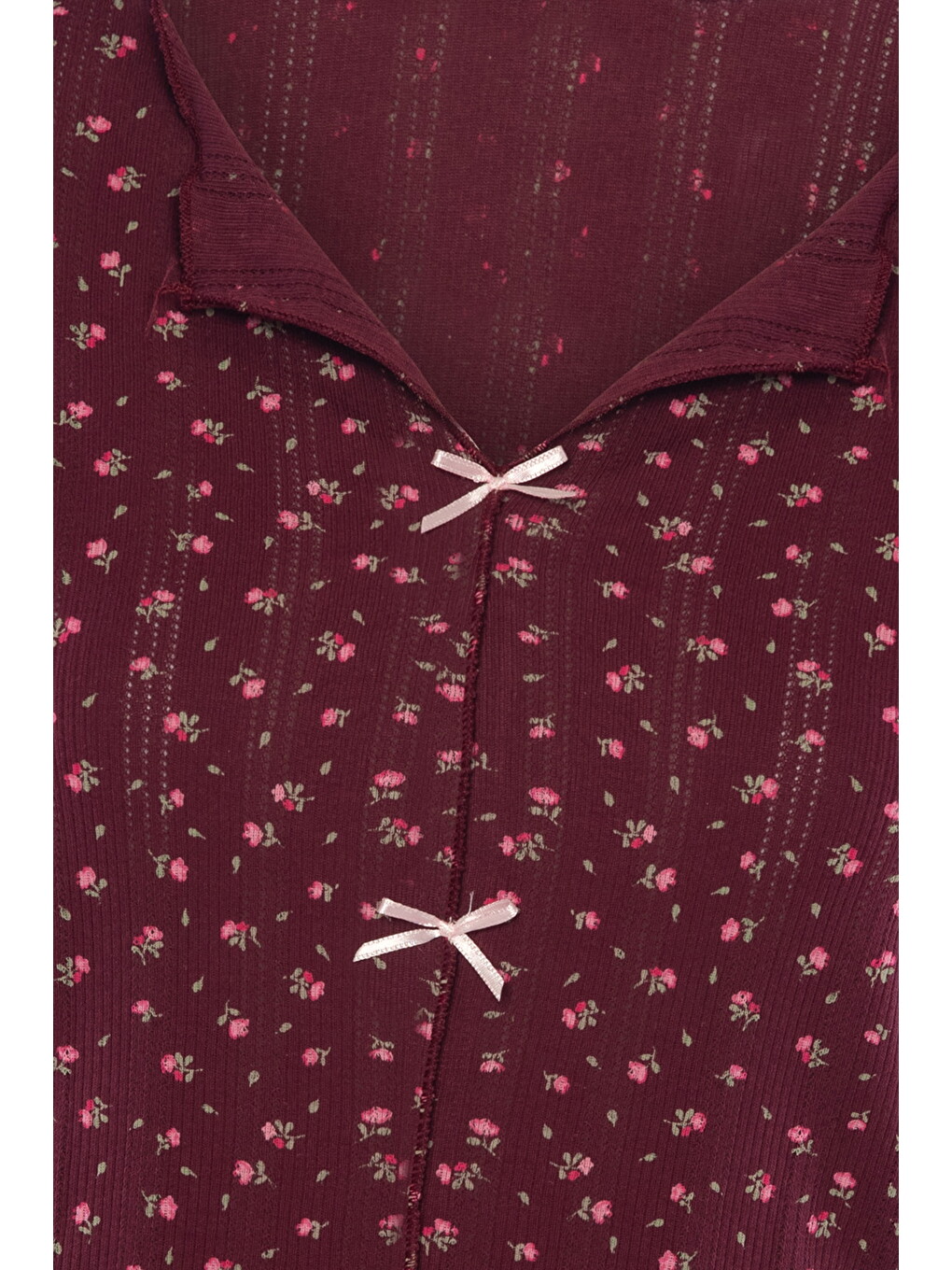 Bordo Kadın Kısa Kollu Fiyonklu Fitilli Pijama Takımı-4