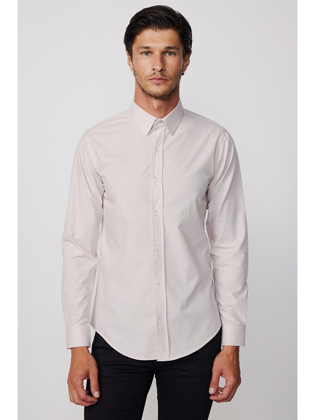 Bej Slim Fit Pamuklu Kolay Ütü Taş Rengi Erkek Gömlek-1
