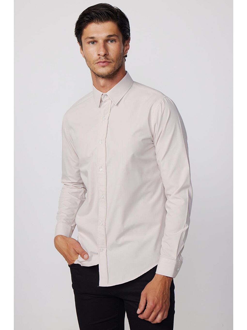 Bej Slim Fit Pamuklu Kolay Ütü Taş Rengi Erkek Gömlek-2
