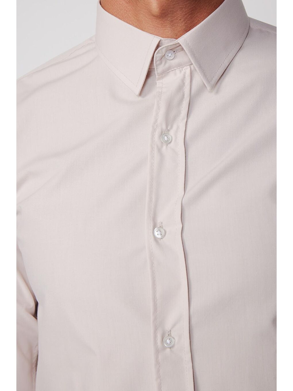 Bej Slim Fit Pamuklu Kolay Ütü Taş Rengi Erkek Gömlek-3
