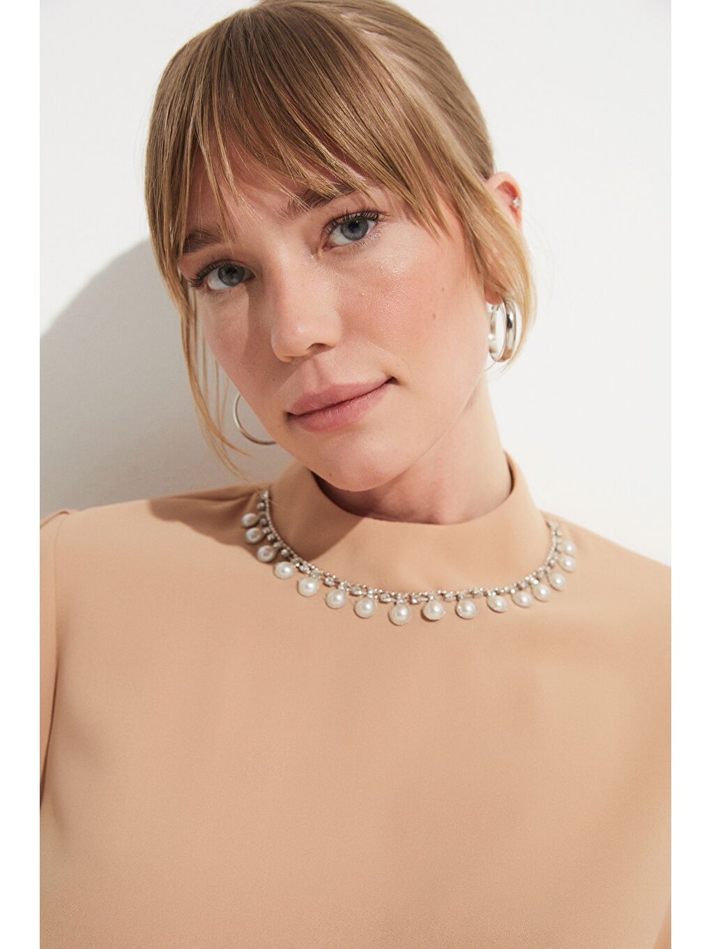 Bej Kadın Taş Detaylı Pantolon Tunik Takım-2