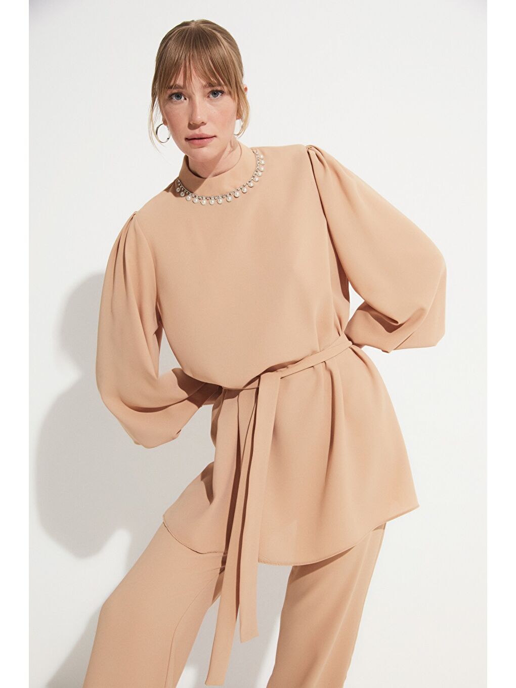 Bej Kadın Taş Detaylı Pantolon Tunik Takım-5