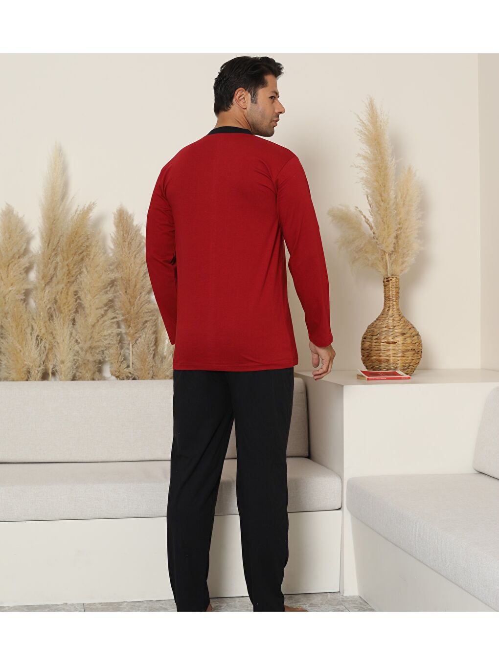 Erkek Bordo %100 Organik Doğal Pamuk Yüksek Kalite Düğmeli Uzun Kollu Battal Pijama Takımı-1