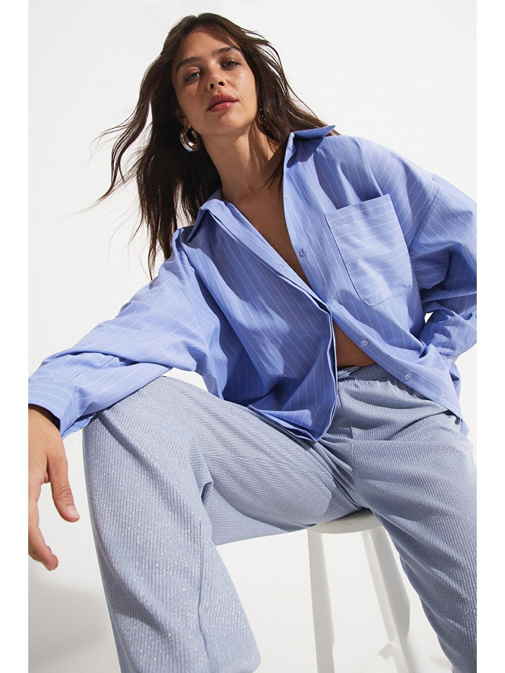 Mavi Kadın Pamuk Karışımlı Çizgili Geniş Kalıp Dokuma Gömlek-4