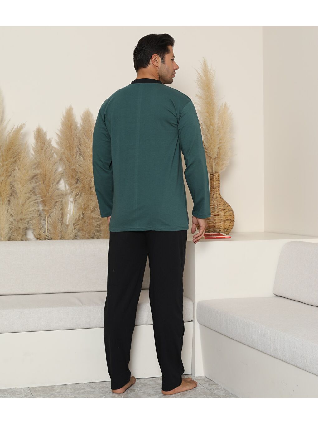 Erkek Haki %100 Organik Doğal Pamuk Yüksek Kalite Düğmeli Uzun Kollu Büyük Beden Pijama Takımıı-1