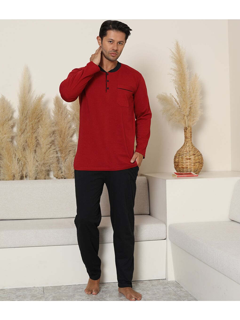 Erkek Bordo %100 Organik Doğal Pamuk Yüksek Kalite Düğmeli Uzun Kollu Pijama Takımı