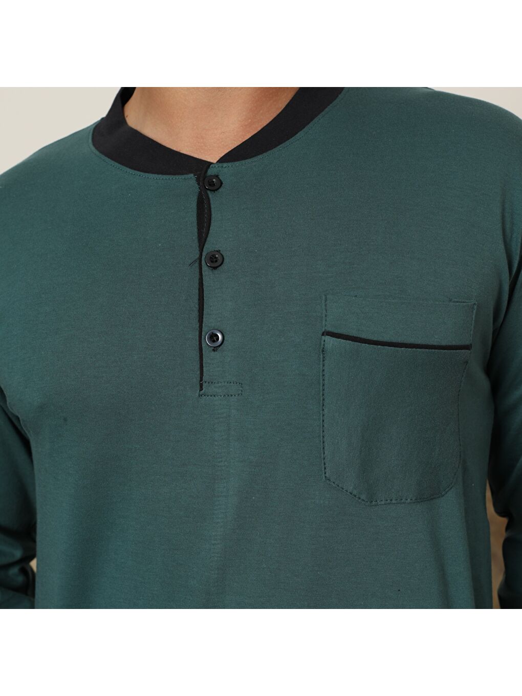 Erkek Haki %100 Organik Doğal Pamuk Yüksek Kalite Düğmeli Uzun Kollu Büyük Beden Pijama Takımıı-3