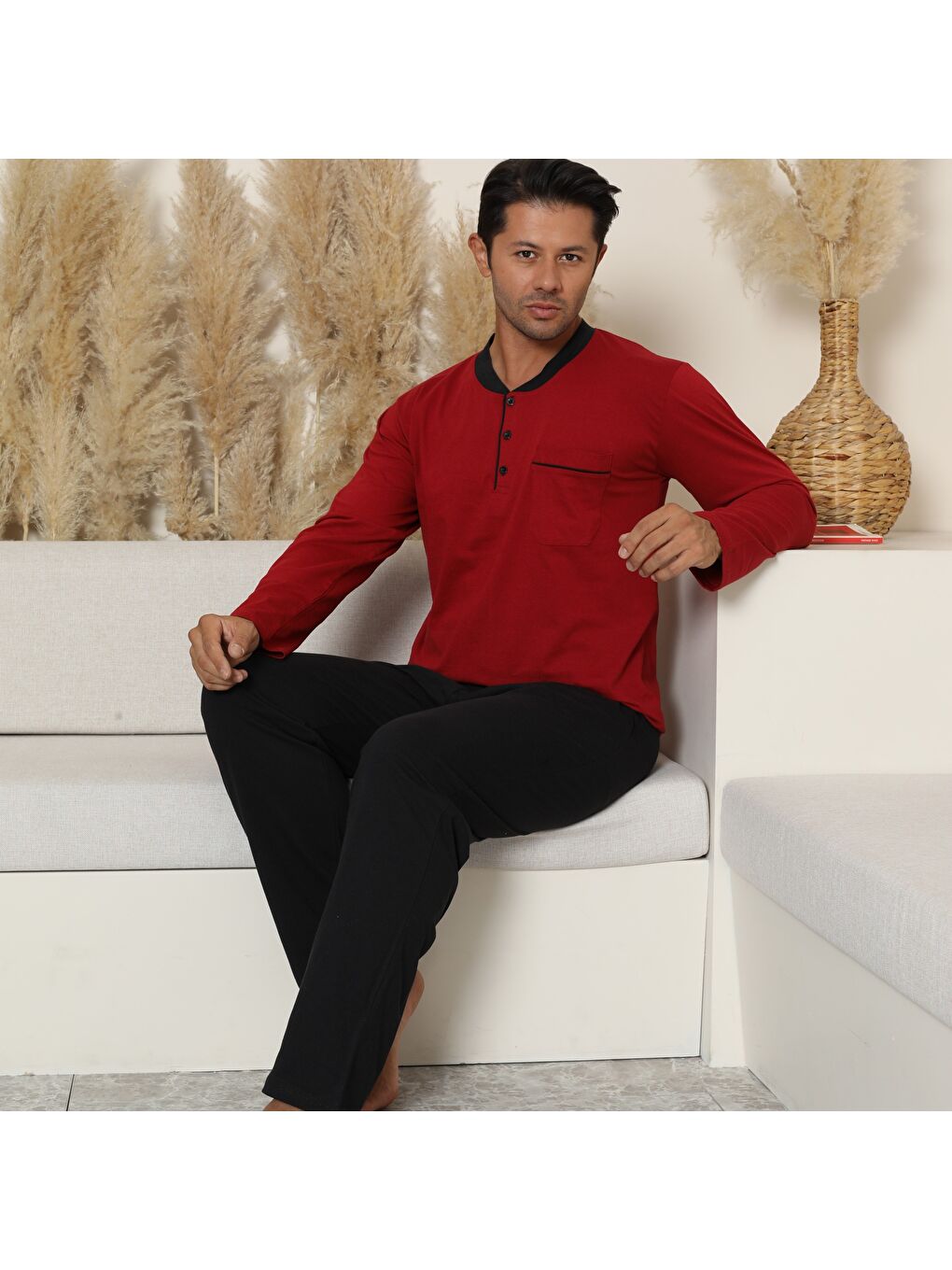 Erkek Bordo %100 Organik Doğal Pamuk Yüksek Kalite Düğmeli Uzun Kollu Pijama Takımı-2