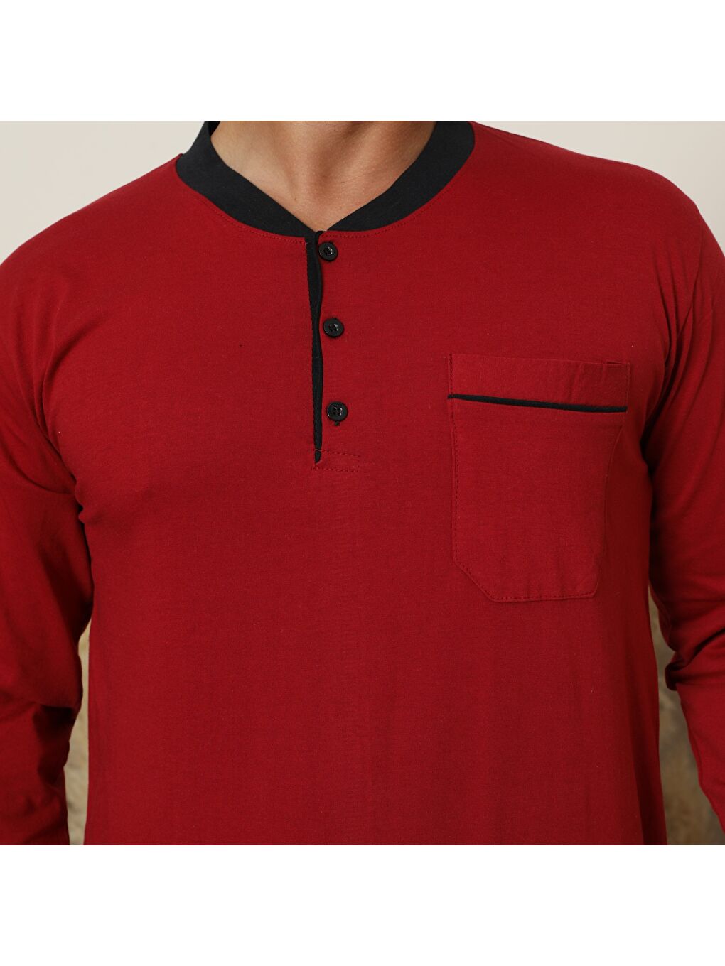 Erkek Bordo %100 Organik Doğal Pamuk Yüksek Kalite Düğmeli Uzun Kollu Pijama Takımı-3