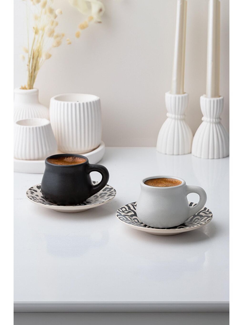 Siyah 16006 6 Kişilik Desenli Tabaklı Türk Kahvesi Fincan Takımı - 12 Parça-1