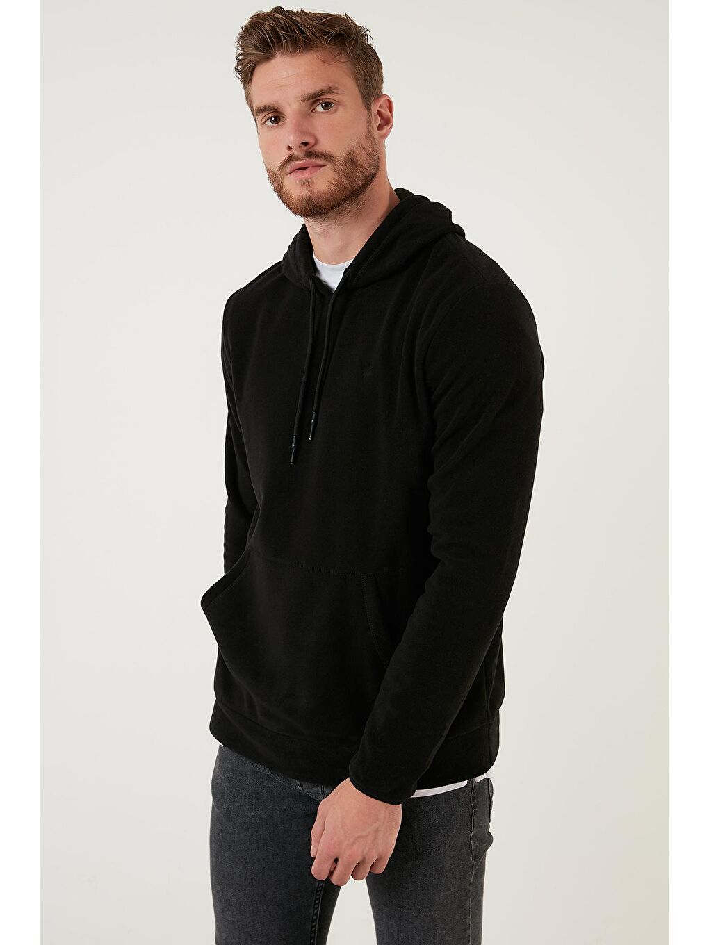 Siyah Slim Fit Kanguru Cepli Kapüşonlu Polar 5906032