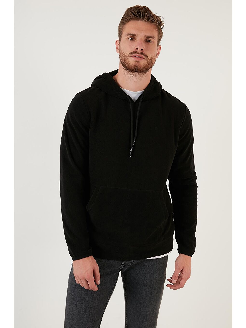 Siyah Slim Fit Kanguru Cepli Kapüşonlu Polar 5906032-1