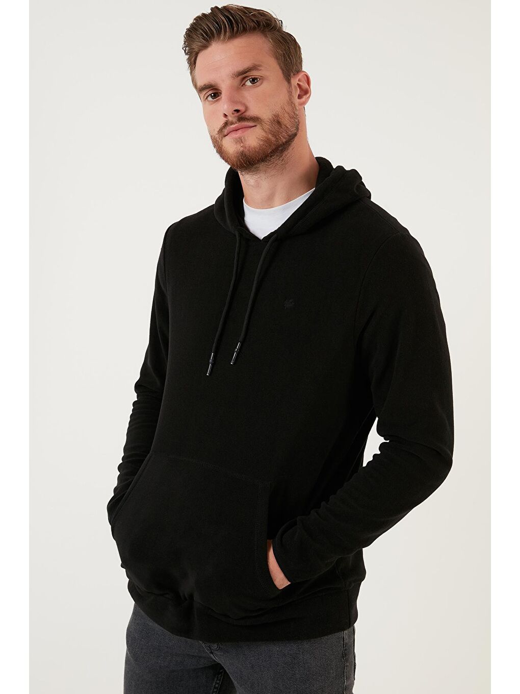 Siyah Slim Fit Kanguru Cepli Kapüşonlu Polar 5906032-2