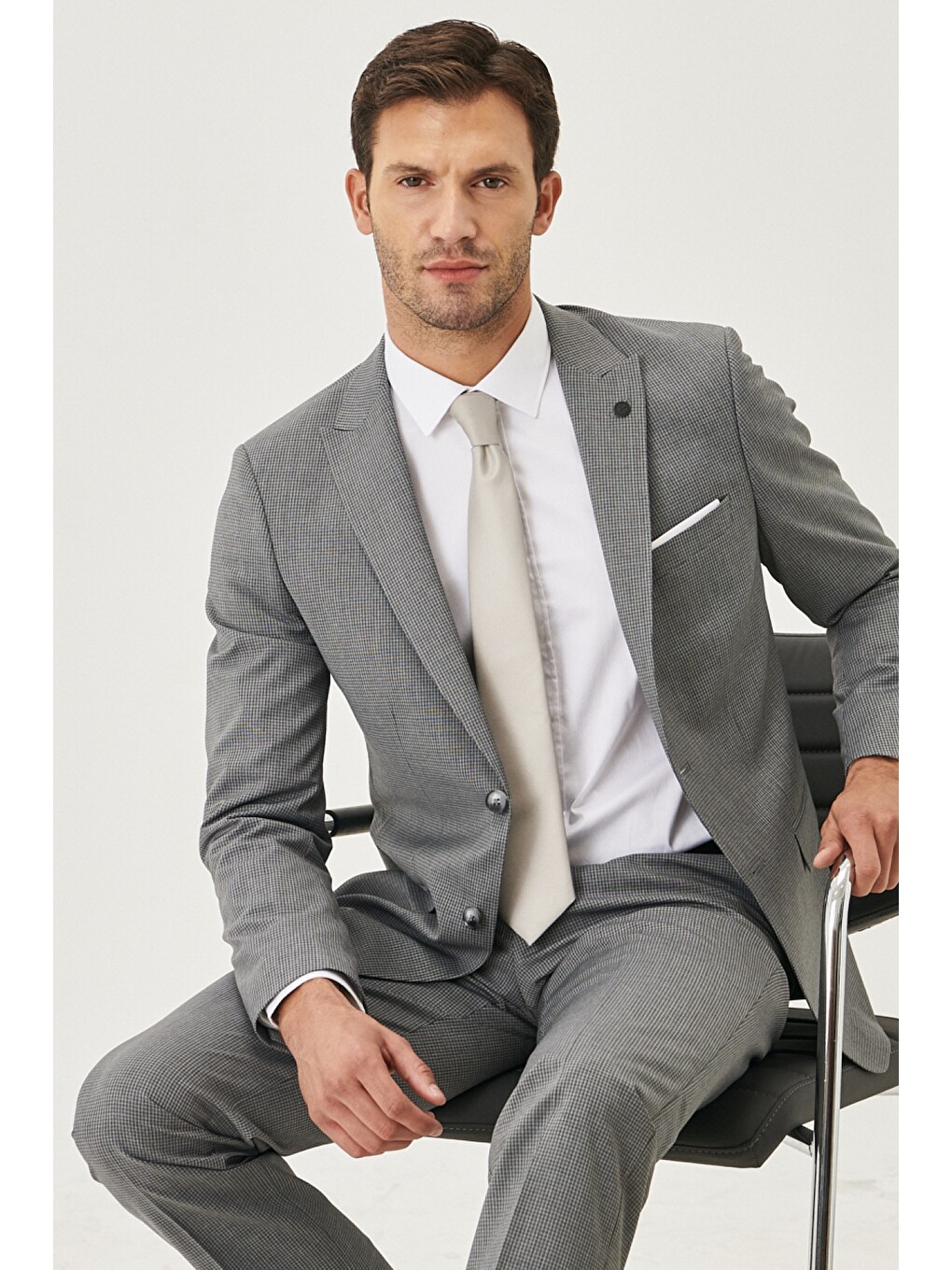 Erkek Gri Slim Fit Desenli Takım Elbise-5