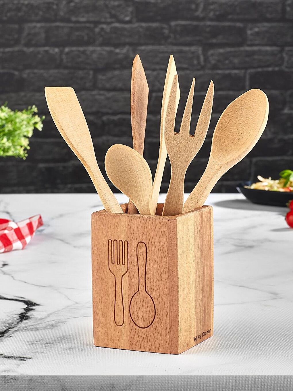 Kahverengi Ahşap Kaşık Seti 6 Parça Çatal-Kaşık Desenli