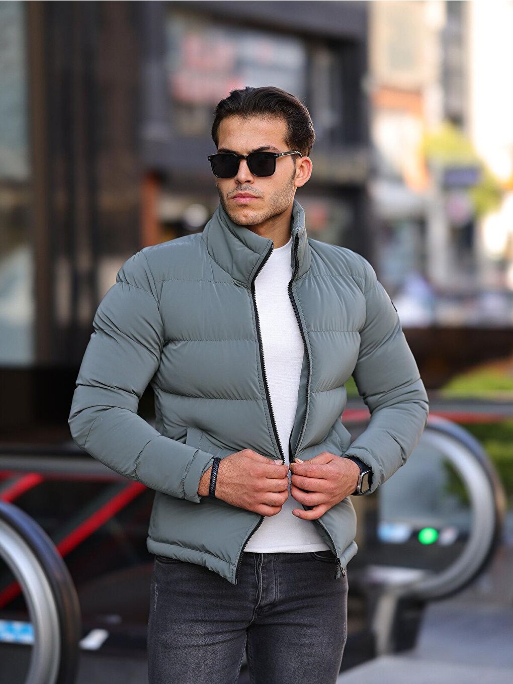 Turkuaz Mint Kapüşonsuz Su Geçirmez Erkek Şişme Mont-1