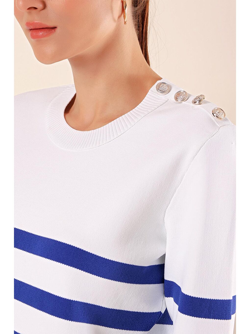 Mavi 15820 Düğme Detay Çizgili Kazak - C.Saks-1