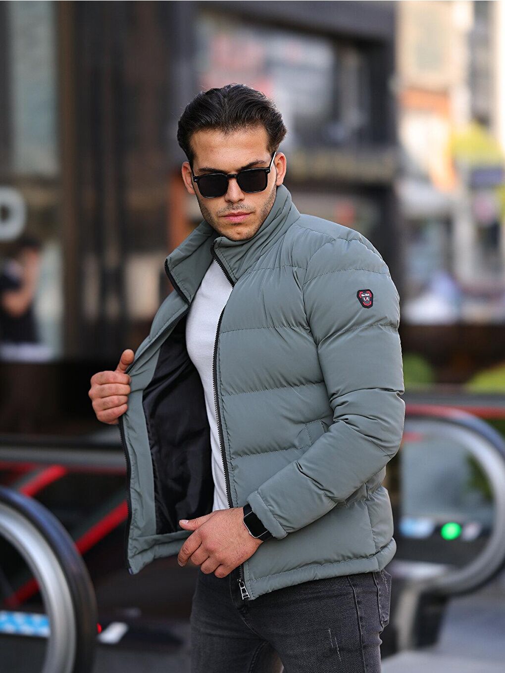 Turkuaz Mint Kapüşonsuz Su Geçirmez Erkek Şişme Mont-2