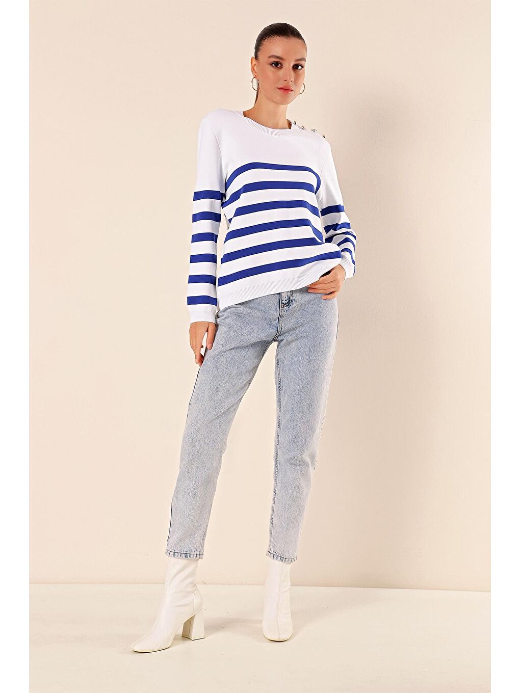 Mavi 15820 Düğme Detay Çizgili Kazak - C.Saks-2