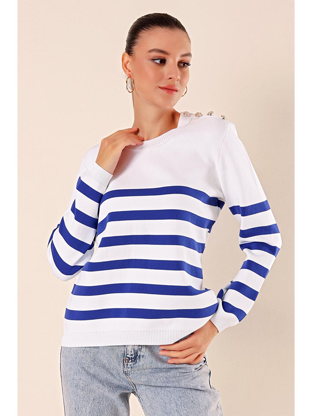 Mavi 15820 Düğme Detay Çizgili Kazak - C.Saks-3