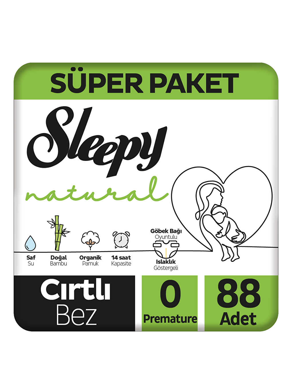 Tekli Paket Natural Süper Bebek Bezi 0 Numara Premature 88 Adet