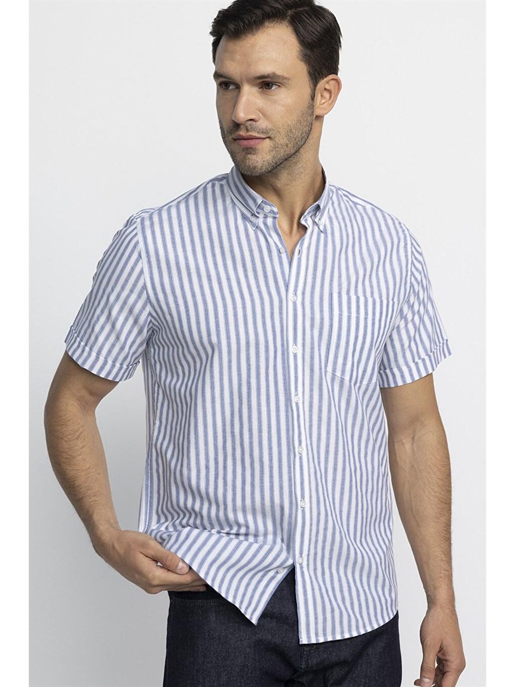 Klasik Fit Kısa Kol Çizgili Pamuklu Mavi Gömlek-1