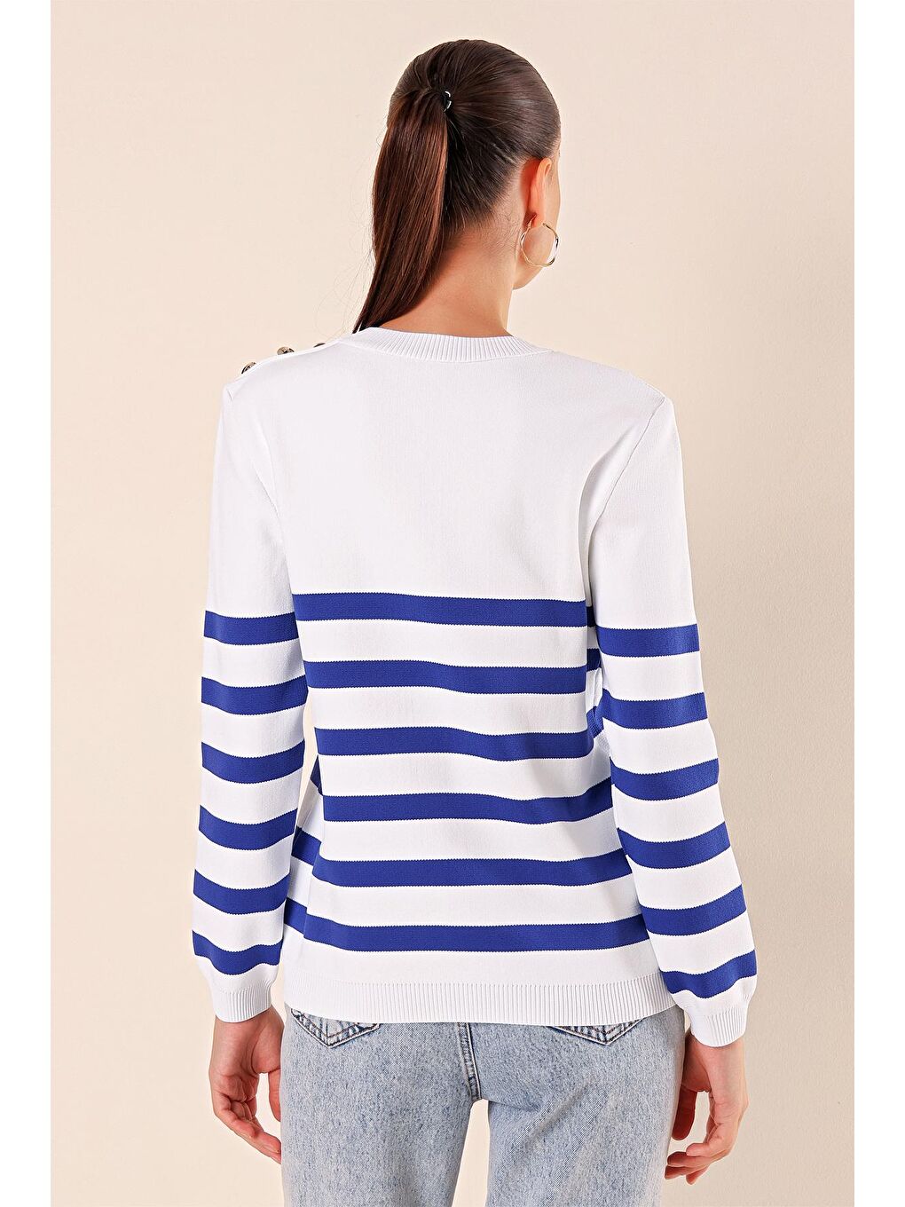 Mavi 15820 Düğme Detay Çizgili Kazak - C.Saks-4