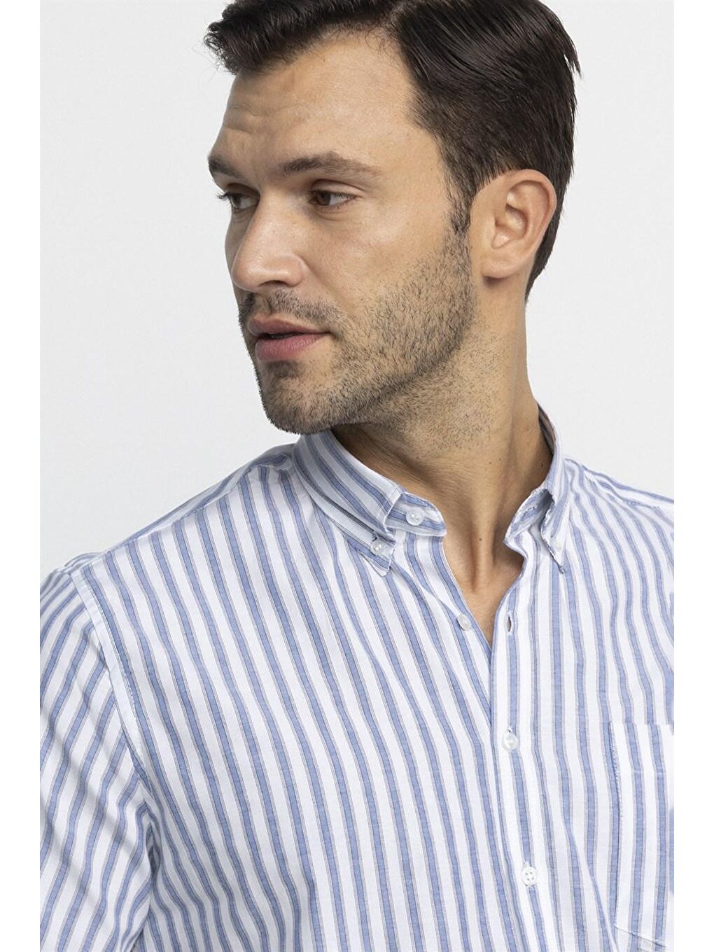 Klasik Fit Kısa Kol Çizgili Pamuklu Mavi Gömlek-2