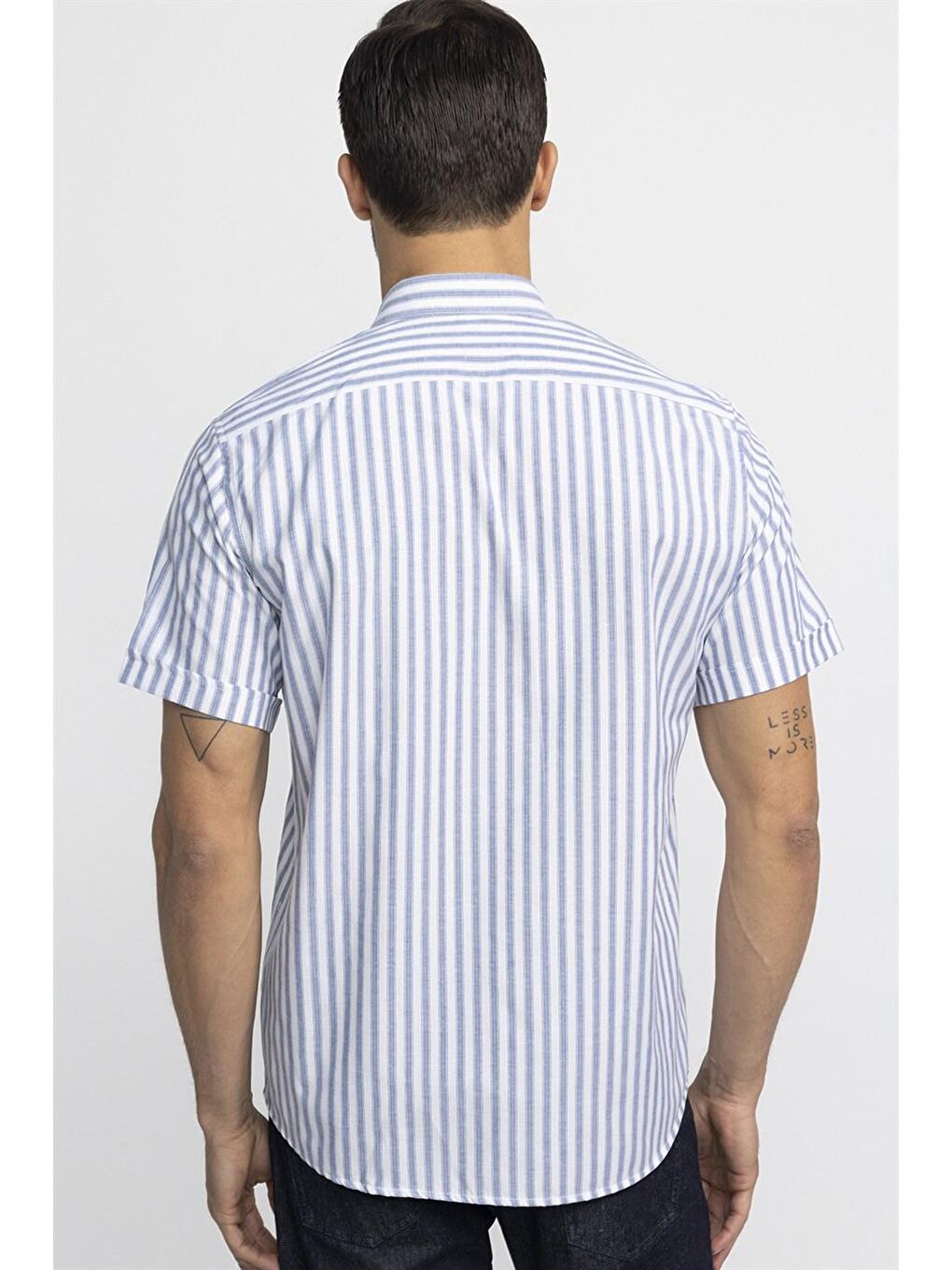 Klasik Fit Kısa Kol Çizgili Pamuklu Mavi Gömlek-3