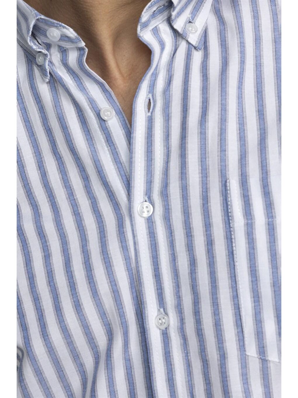 Klasik Fit Kısa Kol Çizgili Pamuklu Mavi Gömlek-4