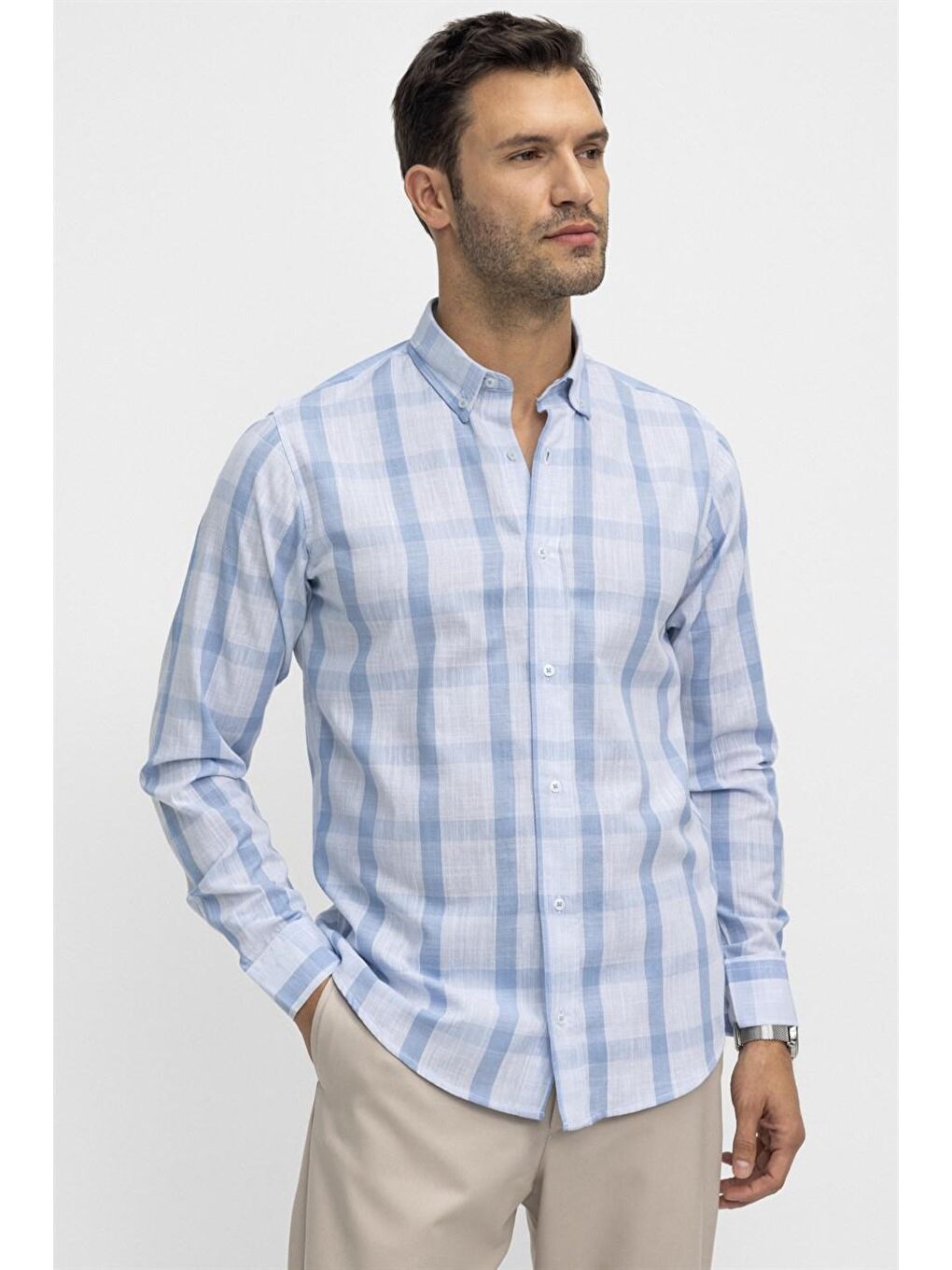 Mavi Klasik Fit Uzun Kol Ketenli Ekose Erkek Gömlek