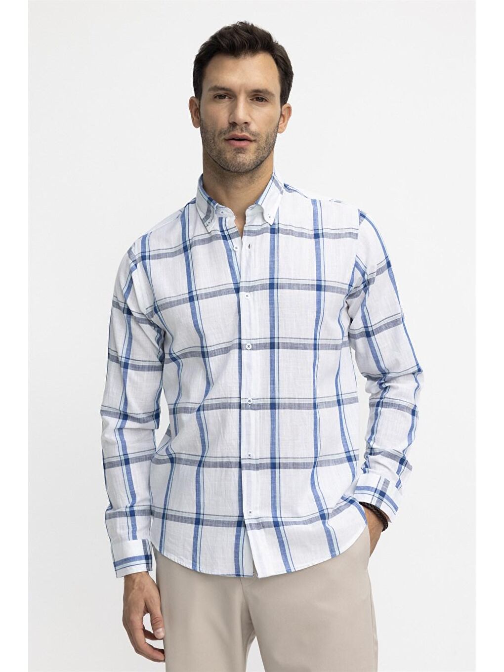 Klasik Fit Uzun Kol Ketenli Ekose Erkek Beyaz Gömlek-1