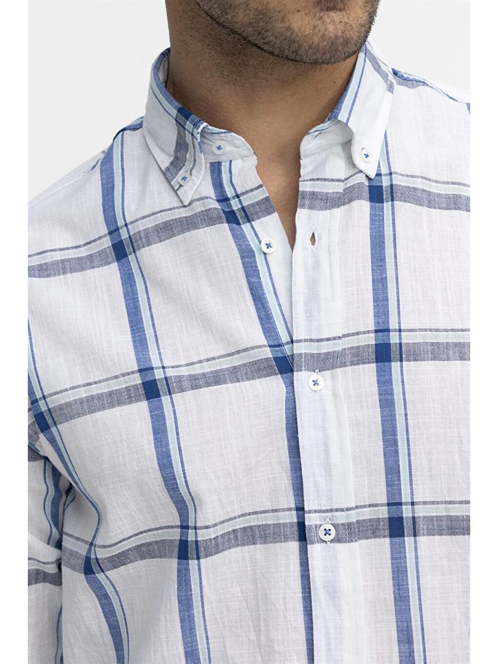 Klasik Fit Uzun Kol Ketenli Ekose Erkek Beyaz Gömlek-2