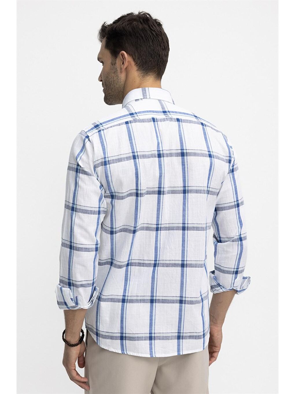 Klasik Fit Uzun Kol Ketenli Ekose Erkek Beyaz Gömlek-3