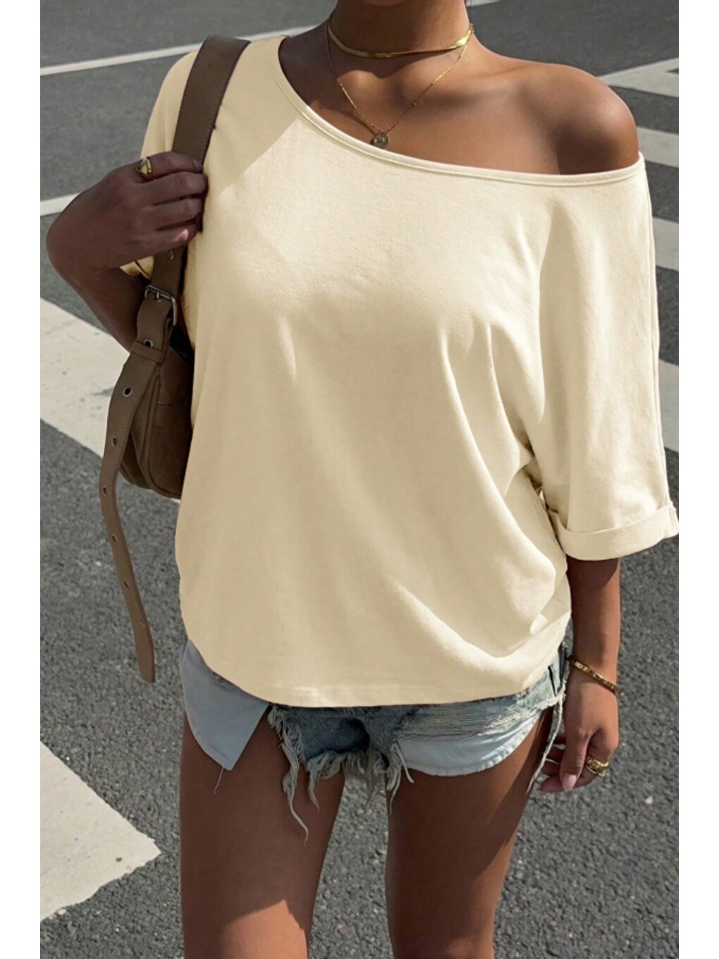 Ekru Kadın Oversize Düşük Omuz Basic Tişört – Salaş Kesim Yazlık Rahat T-shirt-2