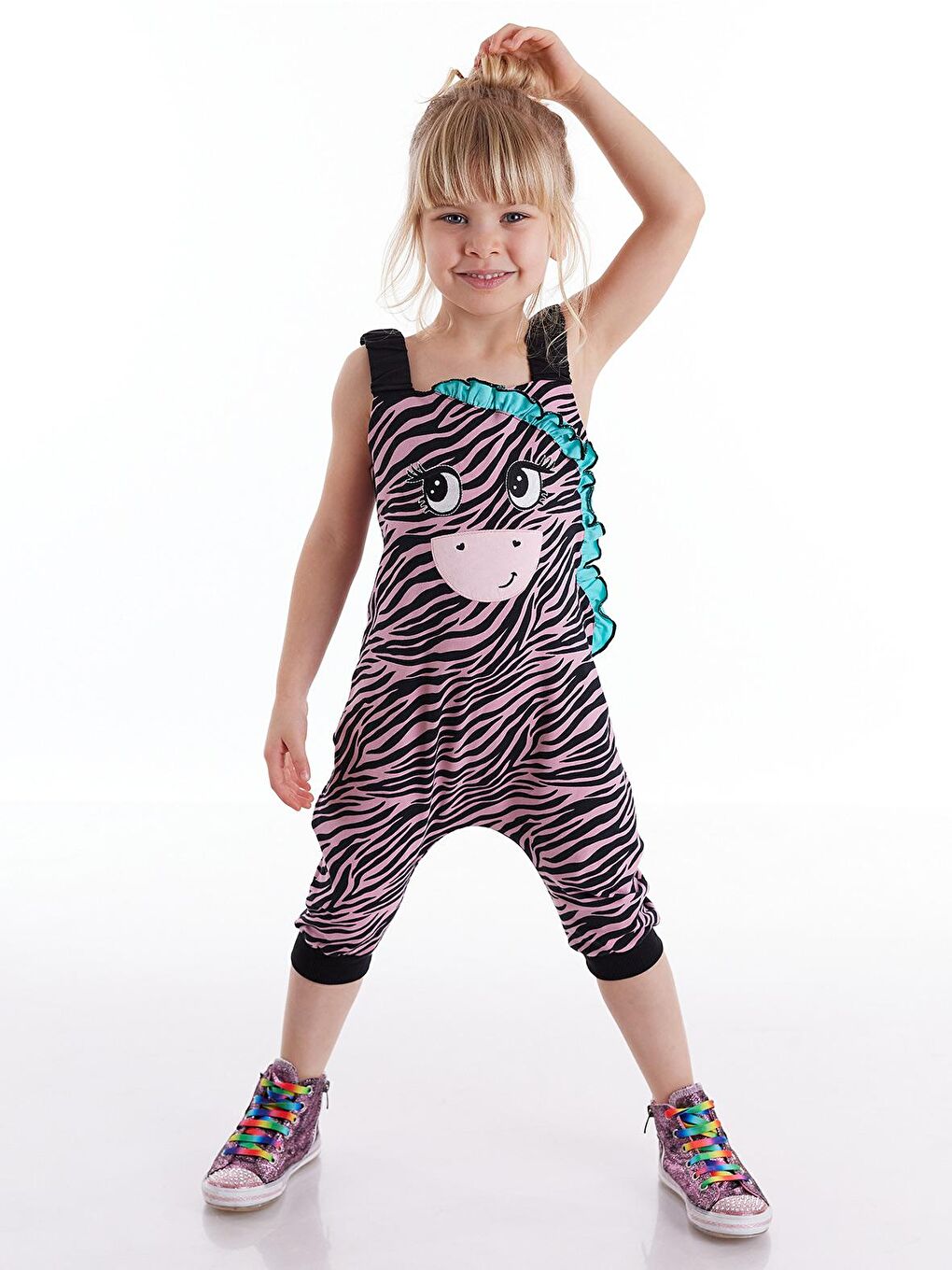 Denokids Karışık Zebra Fırfırlı Kız Tulum