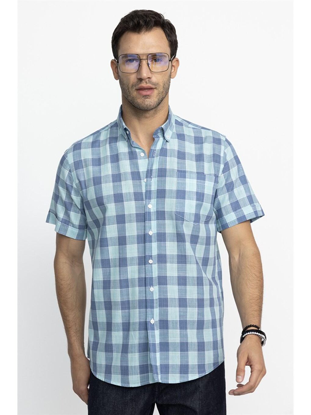 Siyah Klasik Fit Kısa Kol Kareli Keten Erkek Çok Renkli Gömlek