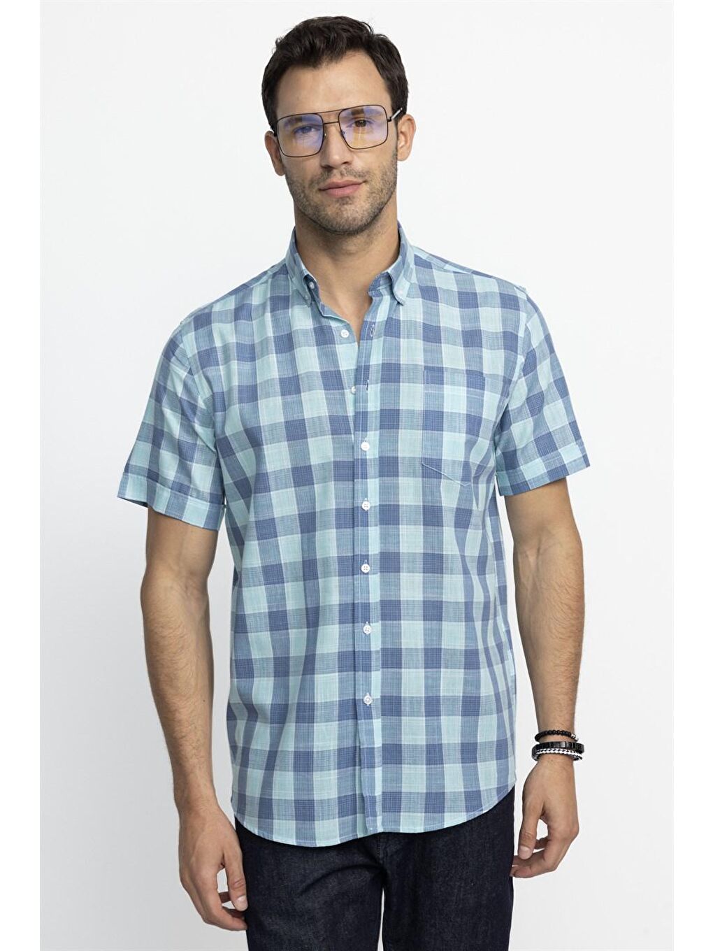 Siyah Klasik Fit Kısa Kol Kareli Keten Erkek Çok Renkli Gömlek-1