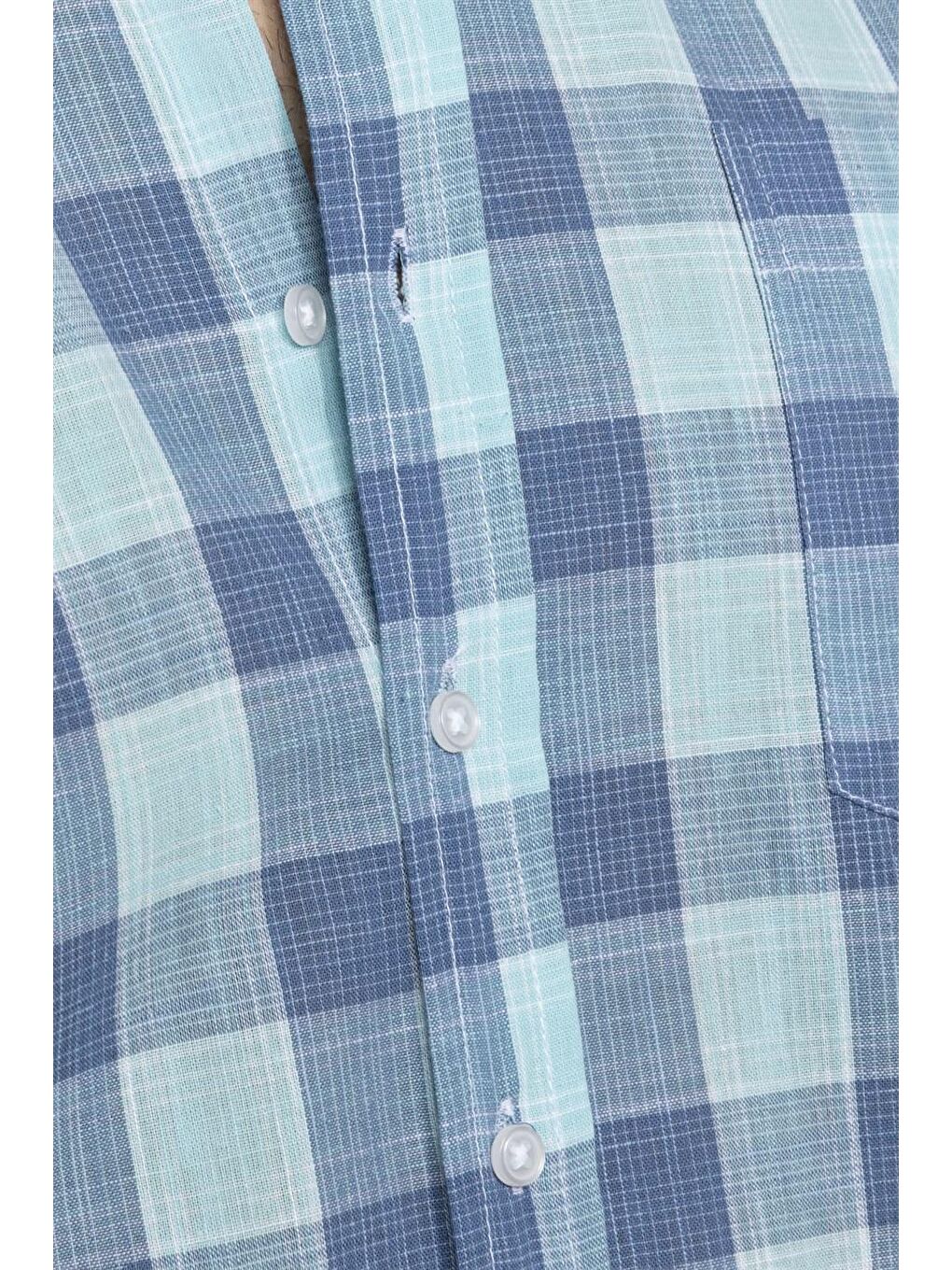 Siyah Klasik Fit Kısa Kol Kareli Keten Erkek Çok Renkli Gömlek-4