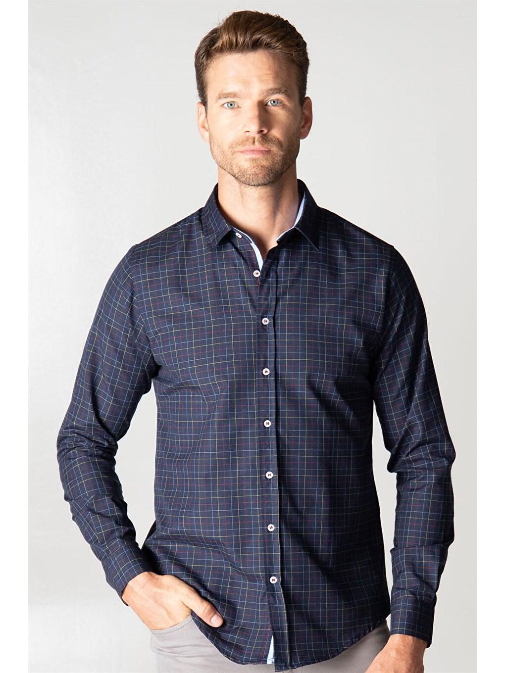 Lacivert Slim Fit Uzun Kol Kareli Garnili Erkek Gömlek