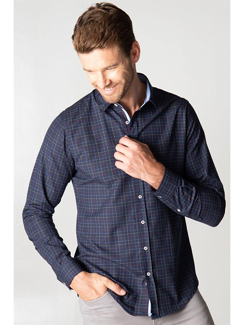 Lacivert Slim Fit Uzun Kol Kareli Garnili Erkek Gömlek-1