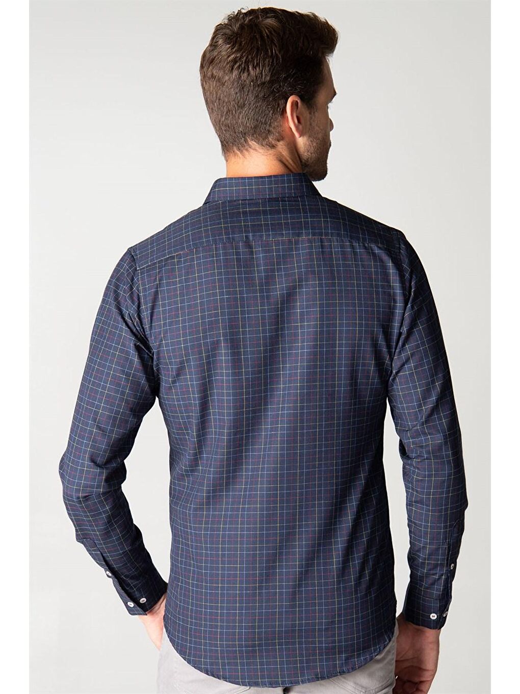 Lacivert Slim Fit Uzun Kol Kareli Garnili Erkek Gömlek-2