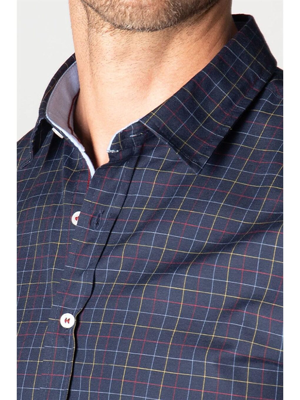 Lacivert Slim Fit Uzun Kol Kareli Garnili Erkek Gömlek-3