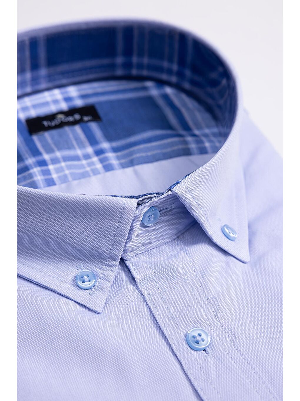 Erkek Big Size Büyük Beden Kısa Kollu Pamuklu Oxford Doku Tek Cepli Mavi Düğmeli Yaka Gömlek