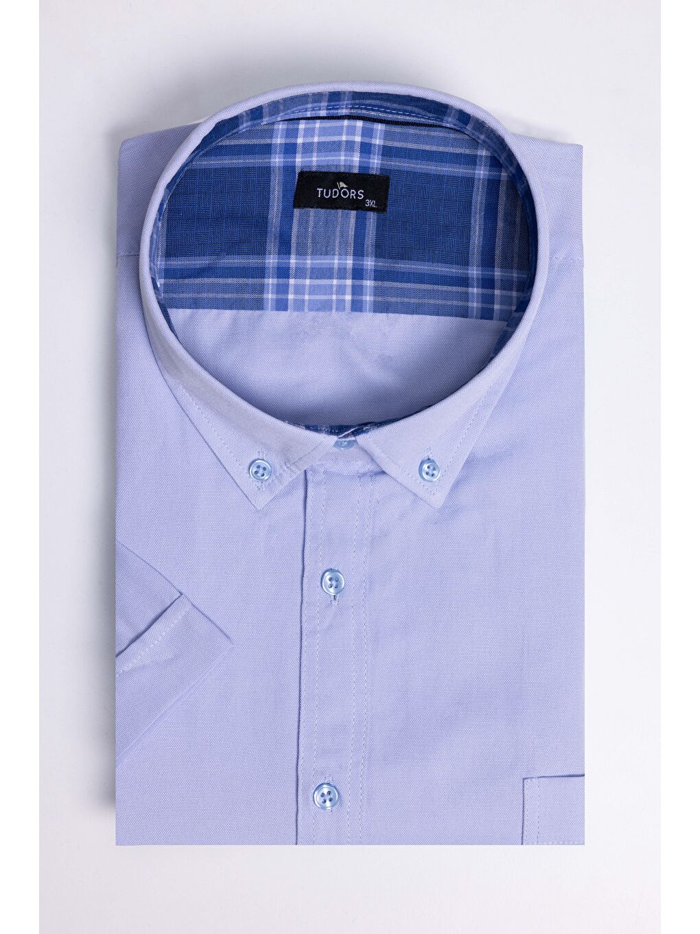 Erkek Big Size Büyük Beden Kısa Kollu Pamuklu Oxford Doku Tek Cepli Mavi Düğmeli Yaka Gömlek-1