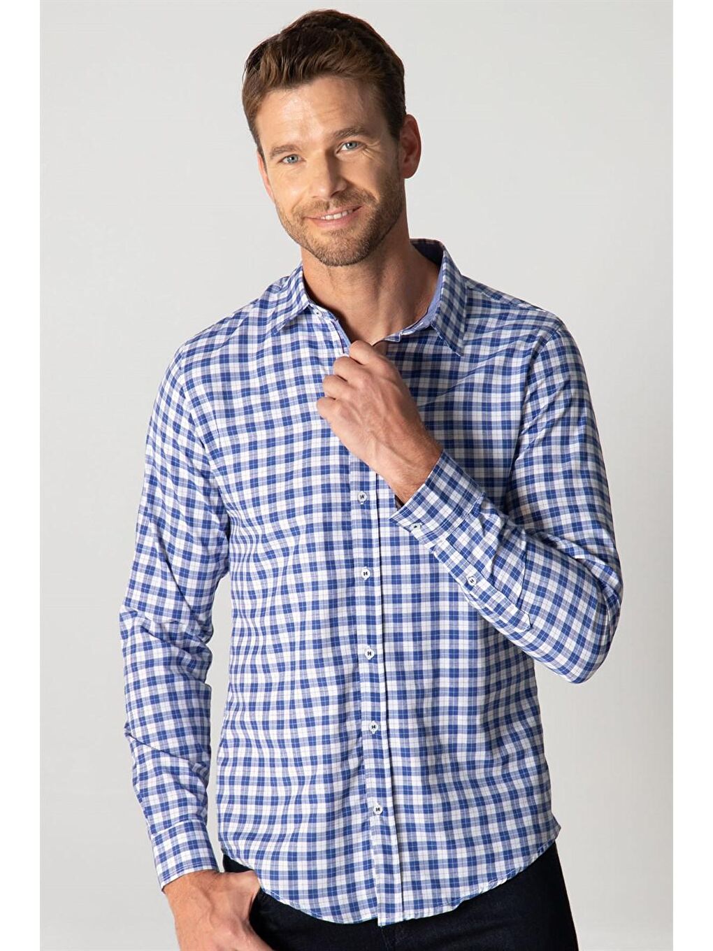 Siyah Slim Fit Uzun Kol Kareli Garnili Erkek Gömlek