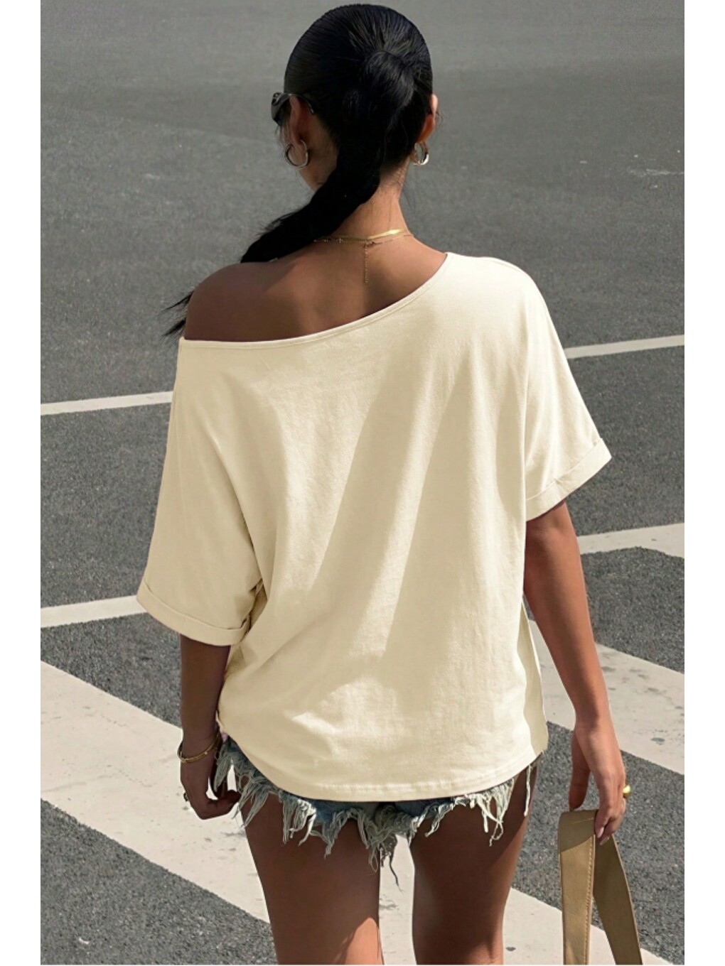 Ekru Kadın Oversize Düşük Omuz Basic Tişört – Salaş Kesim Yazlık Rahat T-shirt-3
