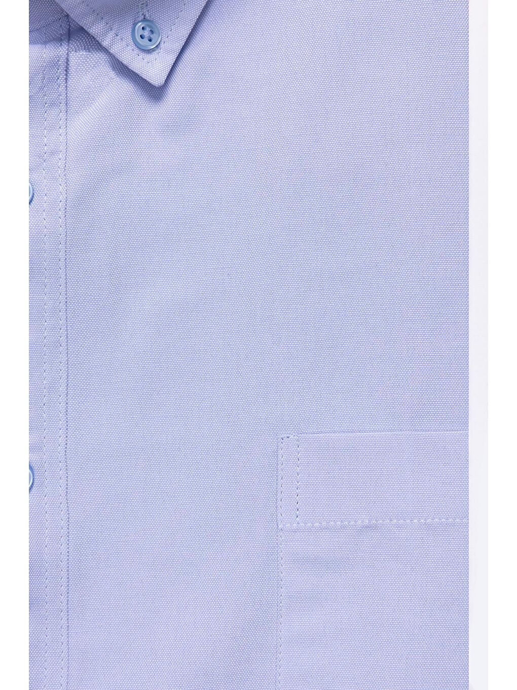 Erkek Big Size Büyük Beden Kısa Kollu Pamuklu Oxford Doku Tek Cepli Mavi Düğmeli Yaka Gömlek-2