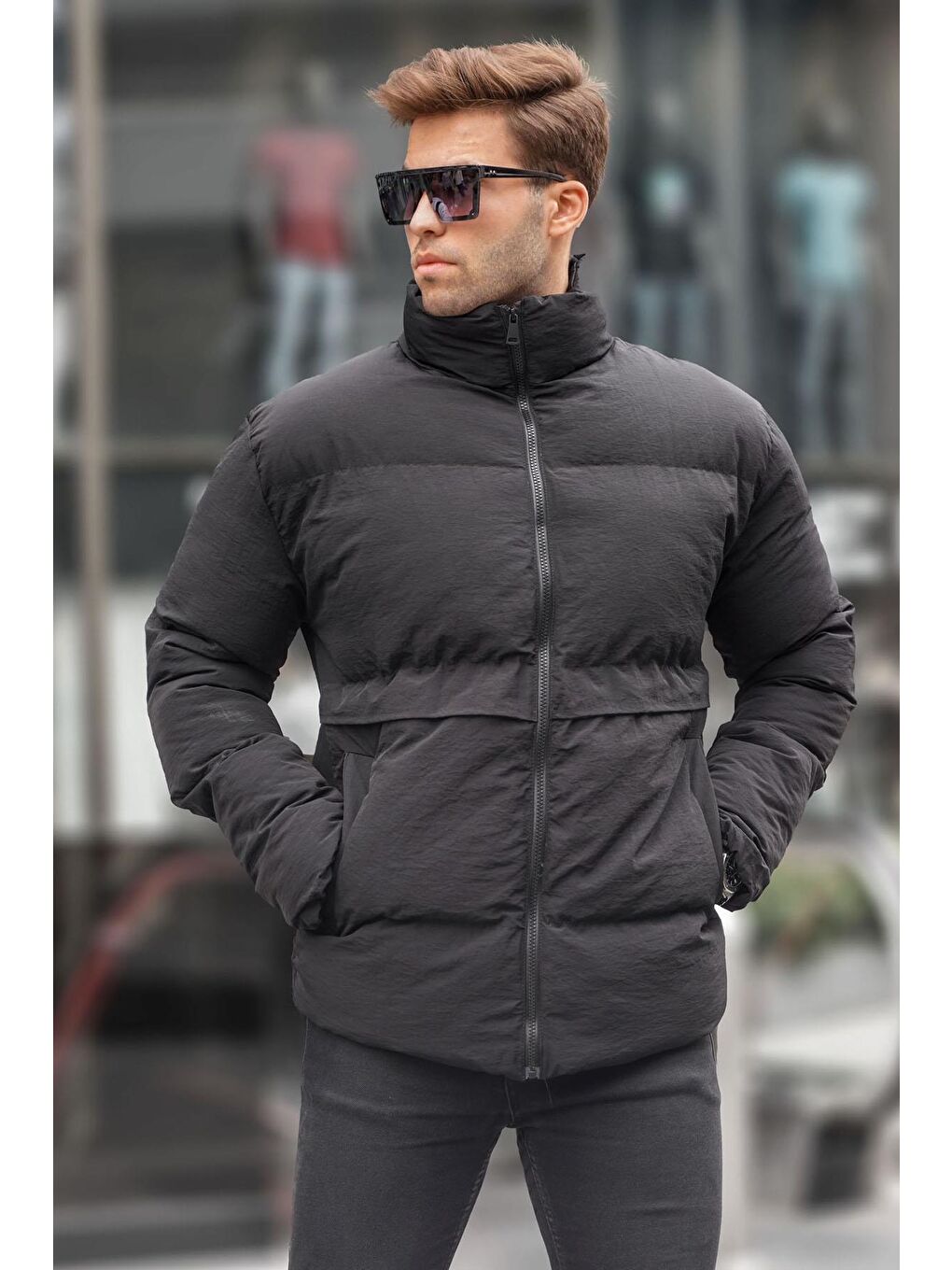 Siyah Dik Yaka Erkek Şişme Mont 6807-1